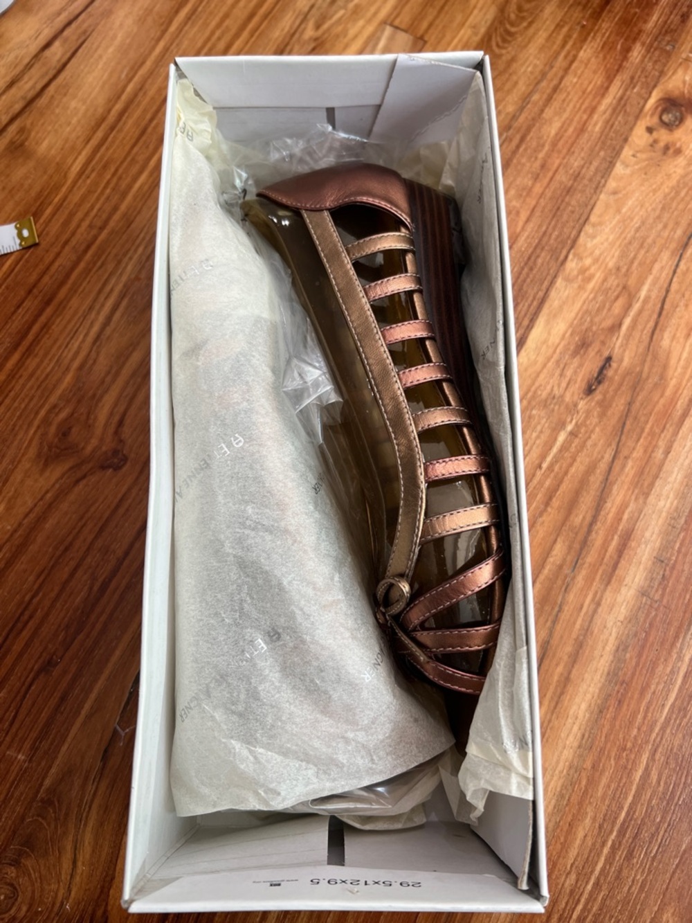 Etienne Aigner bronze sandal box label with logo